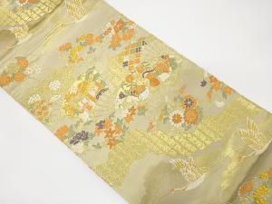 扇に鶴・鴛鴦・草花模様織り出し　袋帯